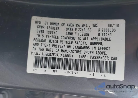2017 Honda Accord Lx from USA, damaged, VIN 1HGCR2F3XHA059614